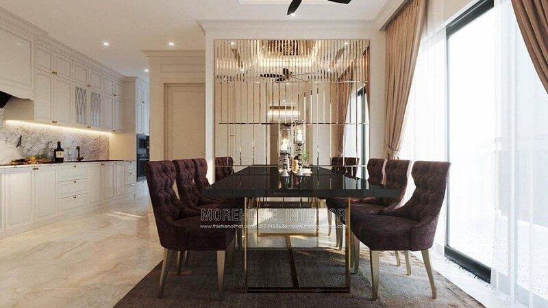 Mẫu bàn ăn biệt thựvới chân inox vàng kim cao cấp kết hợp mẫu ghế ăn tân cổ điển tạo nên bộ bàn ăn sang trọng phù hơp với không gian phòng ăn rộng