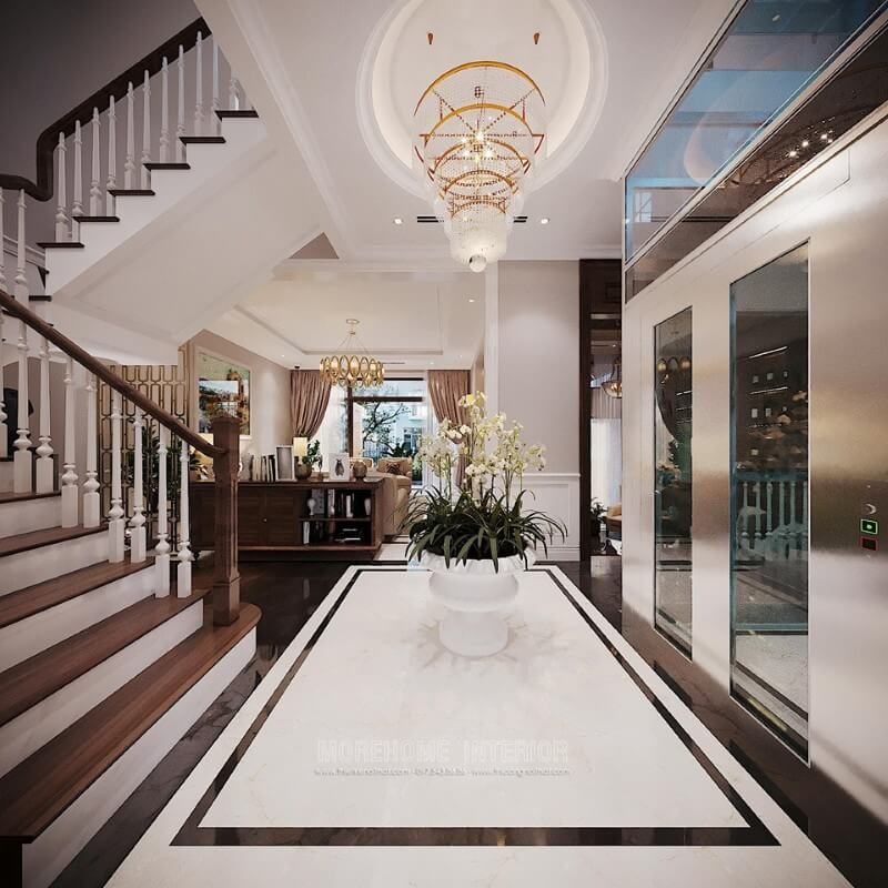 Thiết kế không gian sảng nhà biệt thự đẹp với sản phẩm đá ốp sàn màu trắng tinh tế