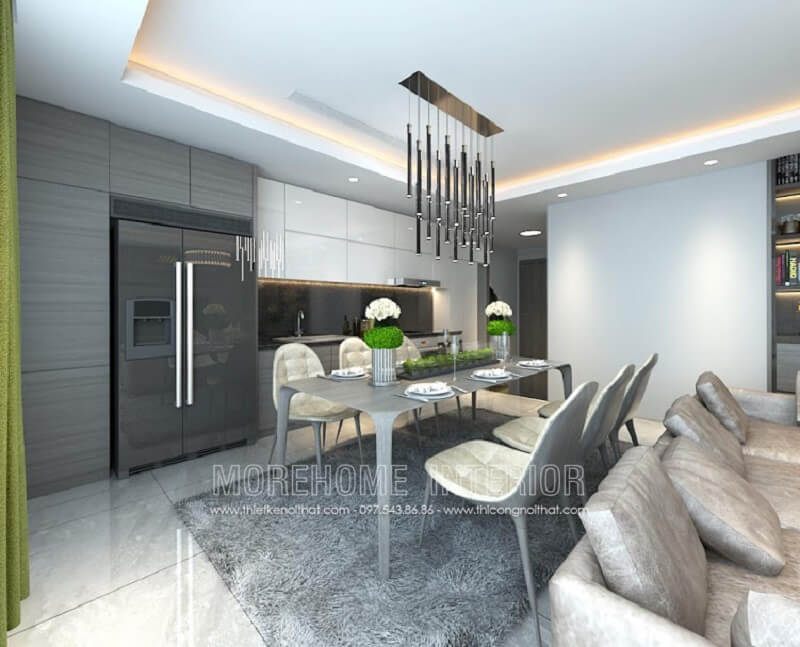 Mẫu bàn ghế ăn đẹp màu xám tạo điểm nhấn nổi bật cho không gian căn phòng