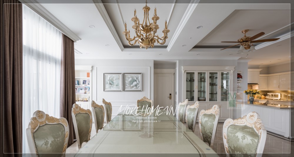 Bộ bàn ghế ăn màu trắng đẹp phù hợp với biệt thự phong cách tân cổ điển