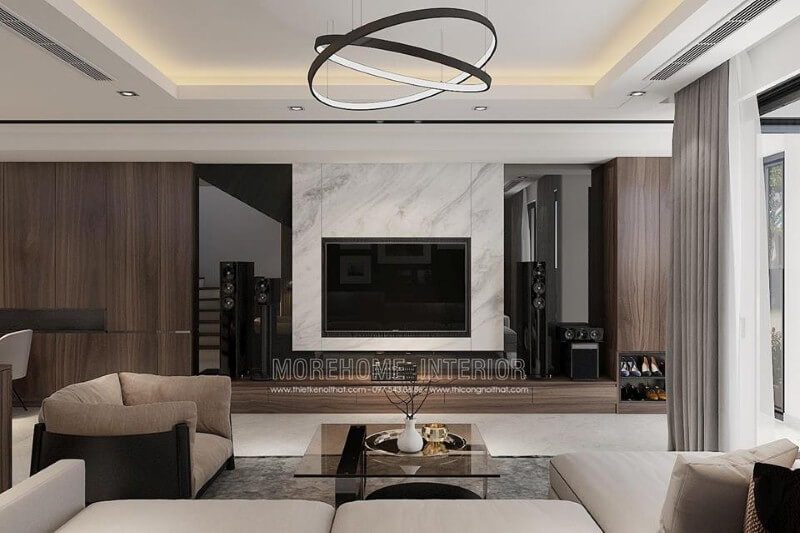 Trang trí phòng khách hiện đại đẹp ấn tượng với đá nhân tạo cao cấp điểm nhấn