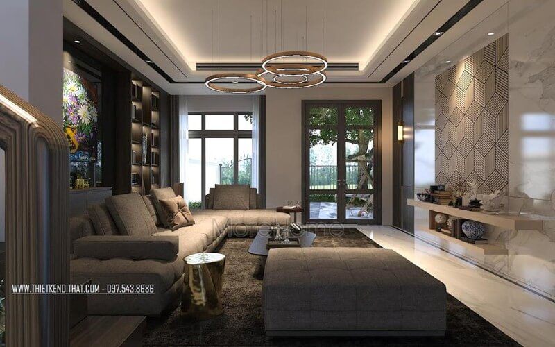 Bộ sofa hiện đại thiết kế kiểu dáng góc tiện lợi với vỏ bọc vải êm ái mang lại cảm giác gần gũi ấm cúng cho phòng khách chung cư, nhà phố