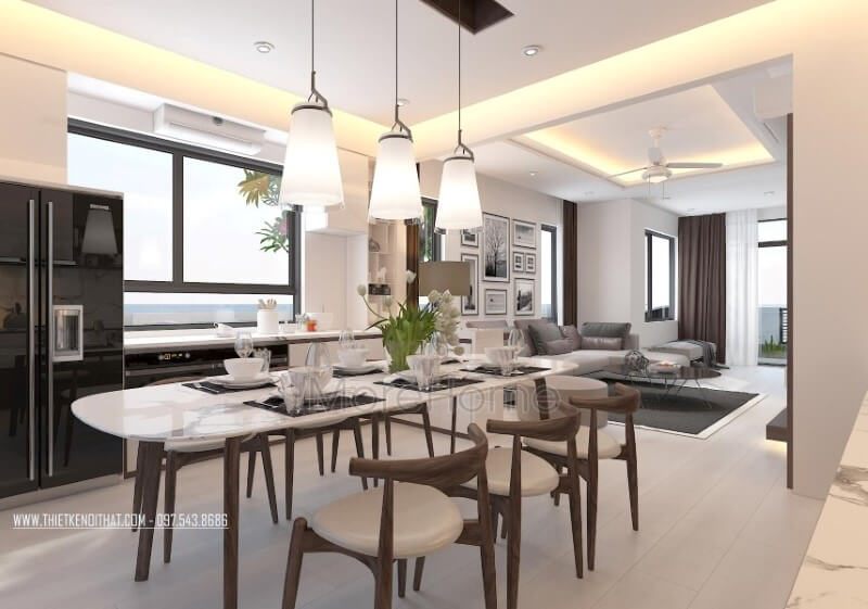 Nội thất gỗ óc chó mang lại sự sang trọng và đẹp mắt cho phòng ăn hiện đại.
