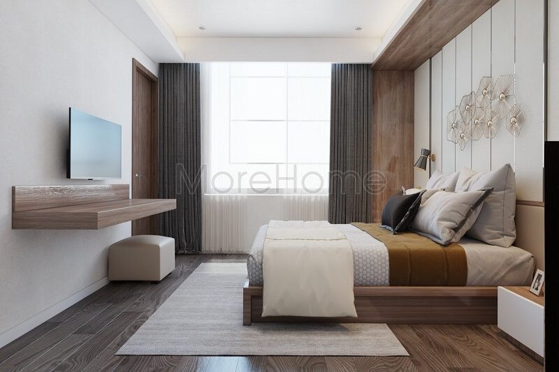 . Để làm cho phòng ngủ trở nên đẹp, có thể sử dụng kệ ti vi treo tường nhỏ gọn, kệ giấy dán tường và tranh canvas để tô điểm vẻ đẹp cho căn phòng.